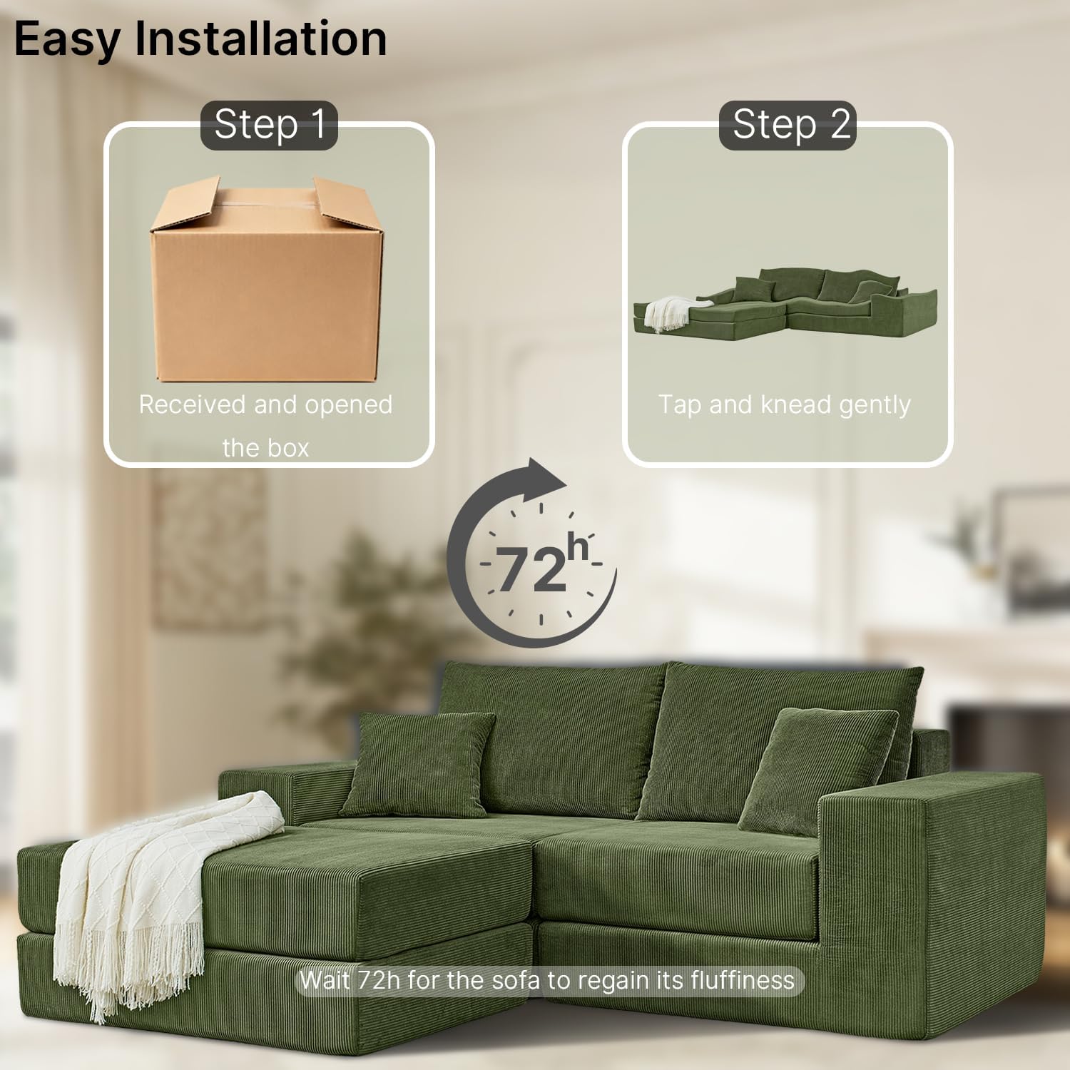 80" Sectional Couches for Living Room,Customizable Boneless Couch, Convertible Modular Sectional Sofa Bed, Plush Corduory Sleeper Sofa, Folding Futon L Shaped Couch No Assembly(Green)
