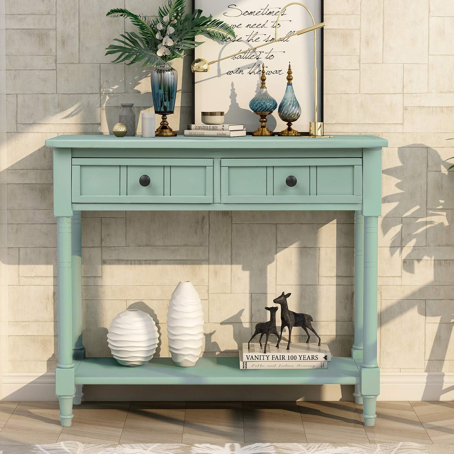 Knocbel Antique Entry Console Table with Drawers & Bottom Open Shelf, Wood Sofa Tables for Entryway Hallway Living Room, 35.43" W x 13.8" D x 30.25" H, Retro Blue