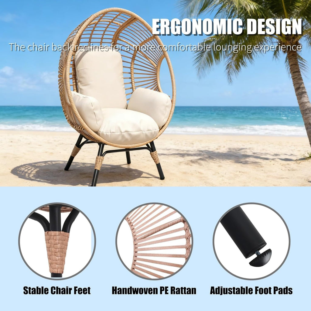 Wicker Egg Chair Outdoor Indoor, 400lbs Capacity, 8-Inch Plush Cushion, Removable Cover Balcony Chairs(Natural)