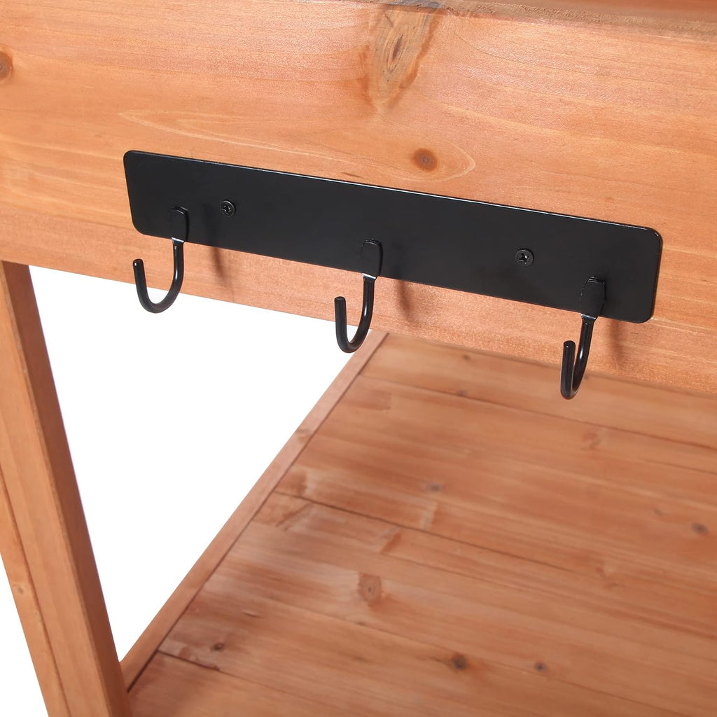 Potting Bench Table with 4 Storage Shelves and Side Hook, Polibi 65" Large Wooden Farmhouse Rustic Outdoor Patio Workstation, Garden Potting Bench with Splash Plate