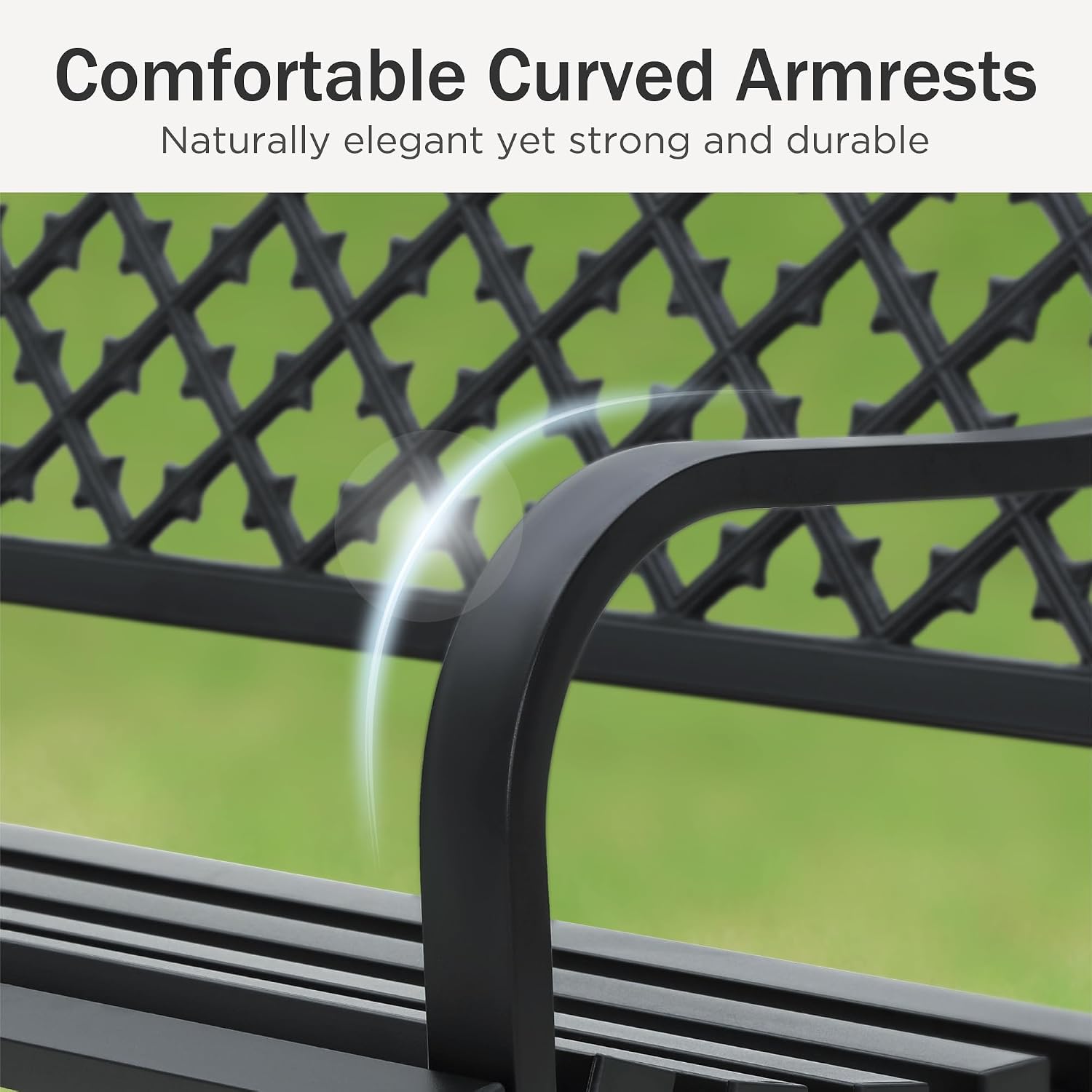 PHI VILLA Black Outdoor Garden Bench for Outdoors with Cast Iron Backrest and Sturdy Steel Frame 2-3 Seater Patio Bench for Porch Park and Yard