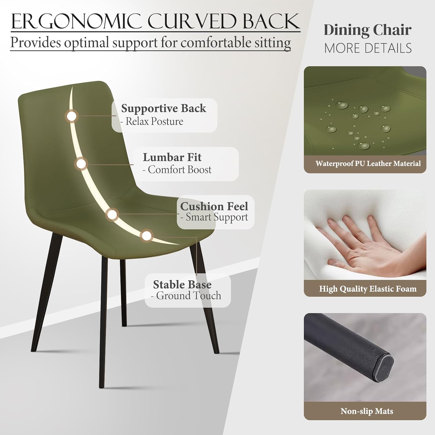 Modern Dining Chairs Set of 8, PU Leather Upholstered Dinner Chairs with Sturdy Metal Legs and Comfort Backrest, Armless Accent Side Chairs for Home Kitchen, Living Room (Green)