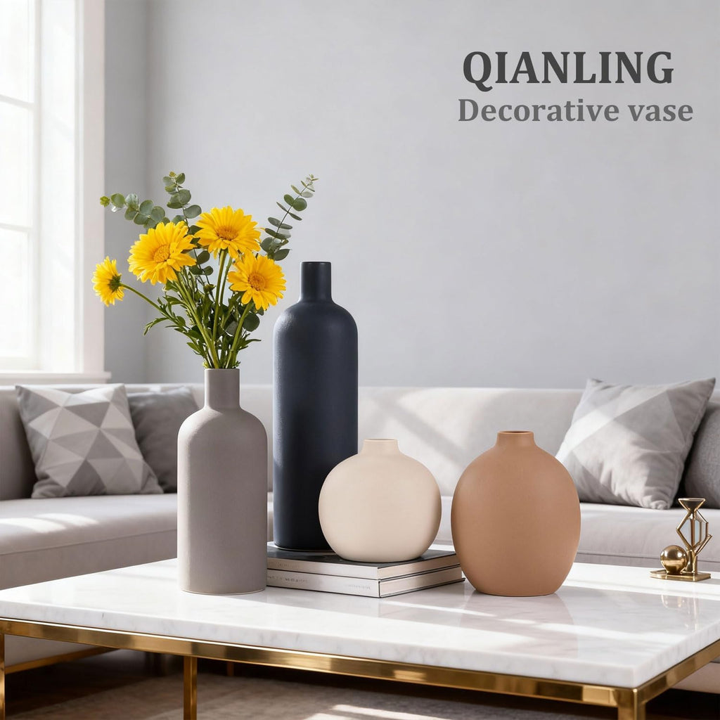 Ceramic Vase Set of 4, Modern Vases Home Decor, Neutral Decorative Vase for Bouquet Pampas Grass Dried Fresh Flowers, Small Vase for Living Room, Kitchen, Bedroom, Bathroom, Entryway Mantel, Decor