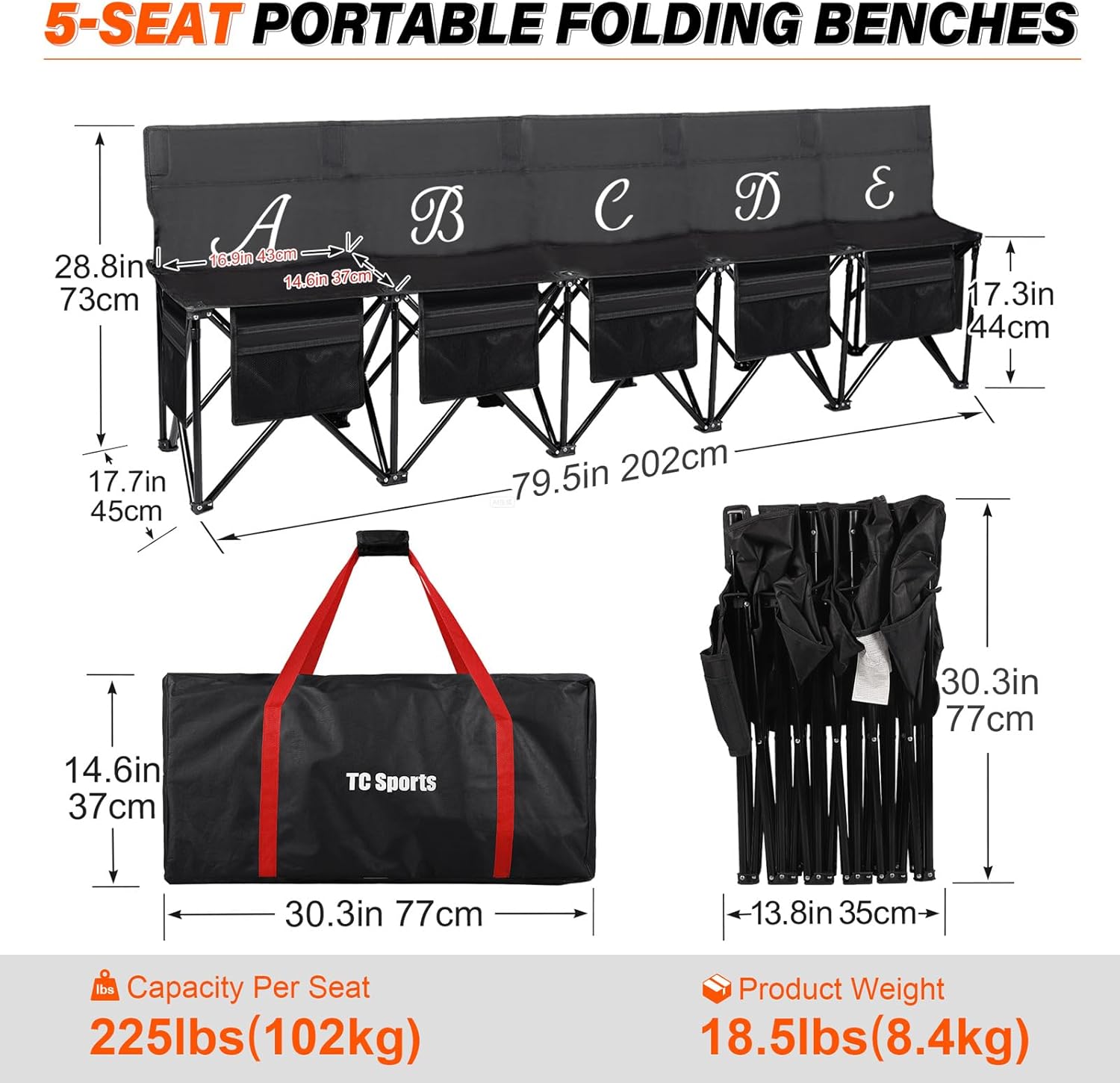 Portable Soccer Bench–5 Seat Folding Team Chair with 7 Individual Storage Pouches–Sideline Seating for Soccer,Baseball,Camping, Folding Bench,Black