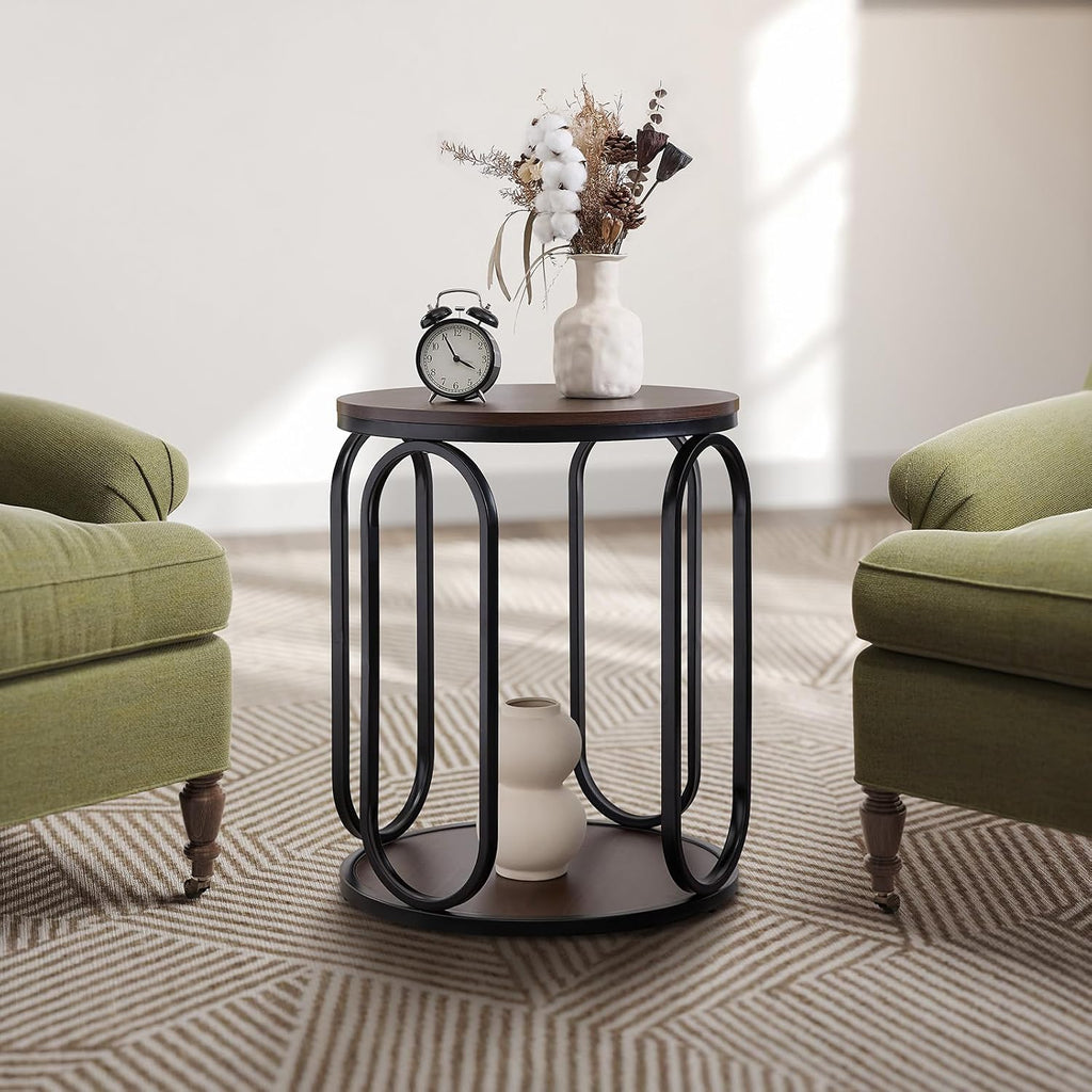 BECHAEO Small Side Table 19.7", 2-Tier Round Bedside Table with Storage, Wood Industrial Design End Tables for Living Room, Bedroom, Office, Bathroom, Dark Coffee