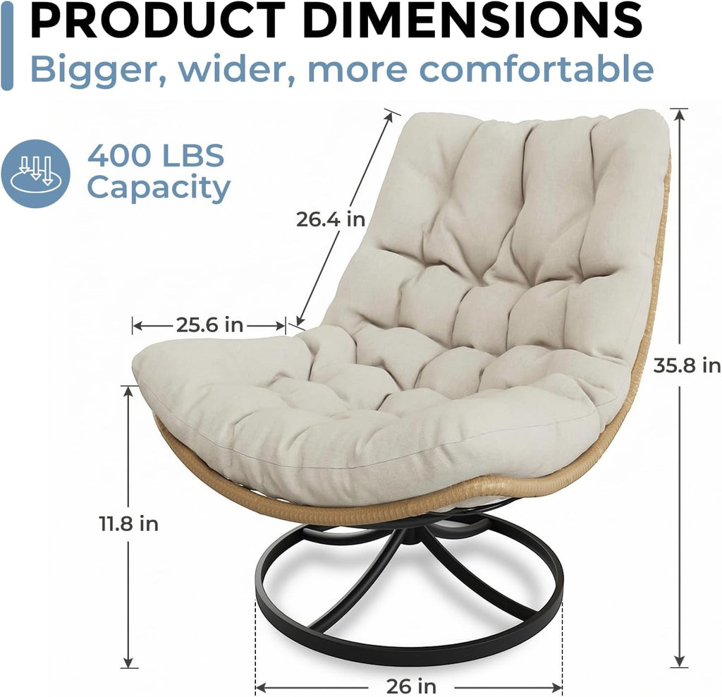 SWITTE Outdoor Rattan Swivel Chair with Thick Cushion, 360°Rotating Wicker Patio Rocking Lounge Chair, Stable Steel Base for Backyard, Balcony, Living Room-Cream