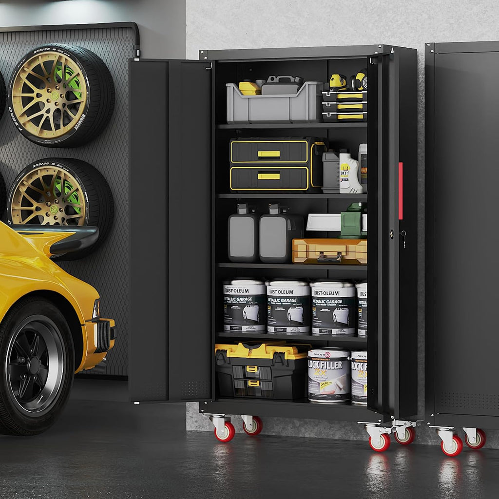 Metal Storage Cabinet with Wheels,71" Garage Cabinets with 4 Adjustable Shelves and Lockable Doors,Black Locking Cabinet Suitable for Garages,Home,Office