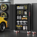 Metal Storage Cabinet with Wheels,71" Garage Cabinets with 4 Adjustable Shelves and Lockable Doors,Black Locking Cabinet Suitable for Garages,Home,Office