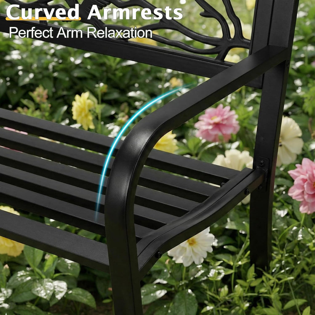 Outvita Outdoor Bench, 50" Iron Steel Frame Garden Bench with Magpie Pattern and Plastic Backrest Armrests, Patio Bench for Garden Park Yard Front Porch Patio, Black