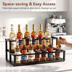 Nuovoware Expandable Coffee Syrup Organizer, 2-Tier Syrup Rack Holds 10-16 Bottles, Adjustable Width Carbon Steel Coffee Bar Organizer for Countertop Kitchen Bar, Liquor Dressing Seasoning, Black