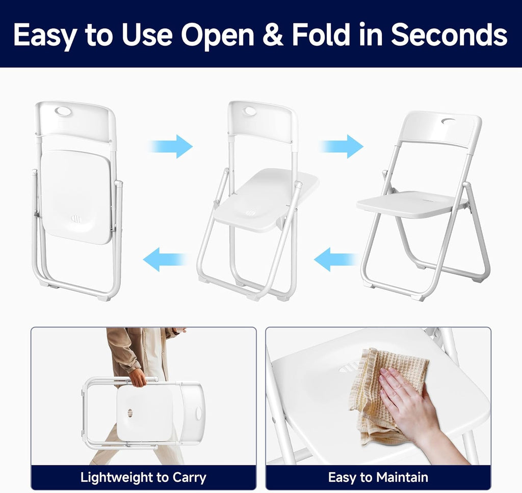 6 Pack White Plastic Folding Chairs, Lightweight Foldable Chair with 350lbs Capacity, Portable Seat with Sturdy Steel Frame for Indoor & Outdoor Use