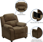 Flash Furniture Charlie Microfiber Kids Recliner with Flip-Up Storage Arms and Safety Recline, Contemporary Reclining Chair for Kids, Supports up to 90 lbs., Brown