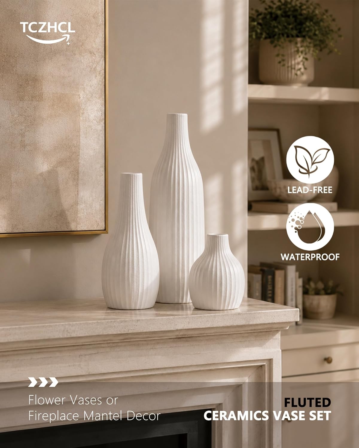Minimal Line White Ceramic Vase Set of 3 - Modern Nordic Boho Decorative Vases for Home Table Decor, Shelf, Entryway, Coffee Table, Dining Table Centerpiece, Fireplace Mantel - Matte White
