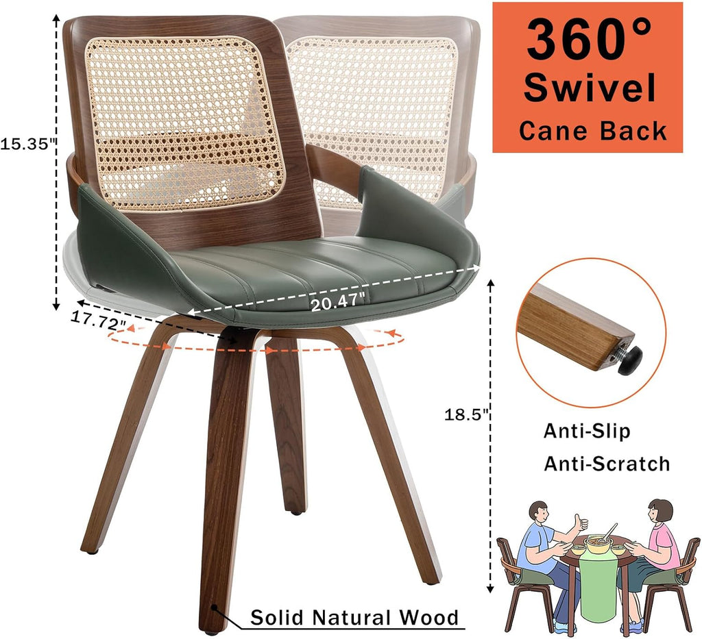 Set of 1 Swivel Rattan Dining Chair - Mid Century Modern Dining Chair with Bentwood Frame, Ergonomic Cane Back, Curved Arms, Faux Leather Swivel Chair for Kitchen/Restaurant (Walnut Green, Set of 1)