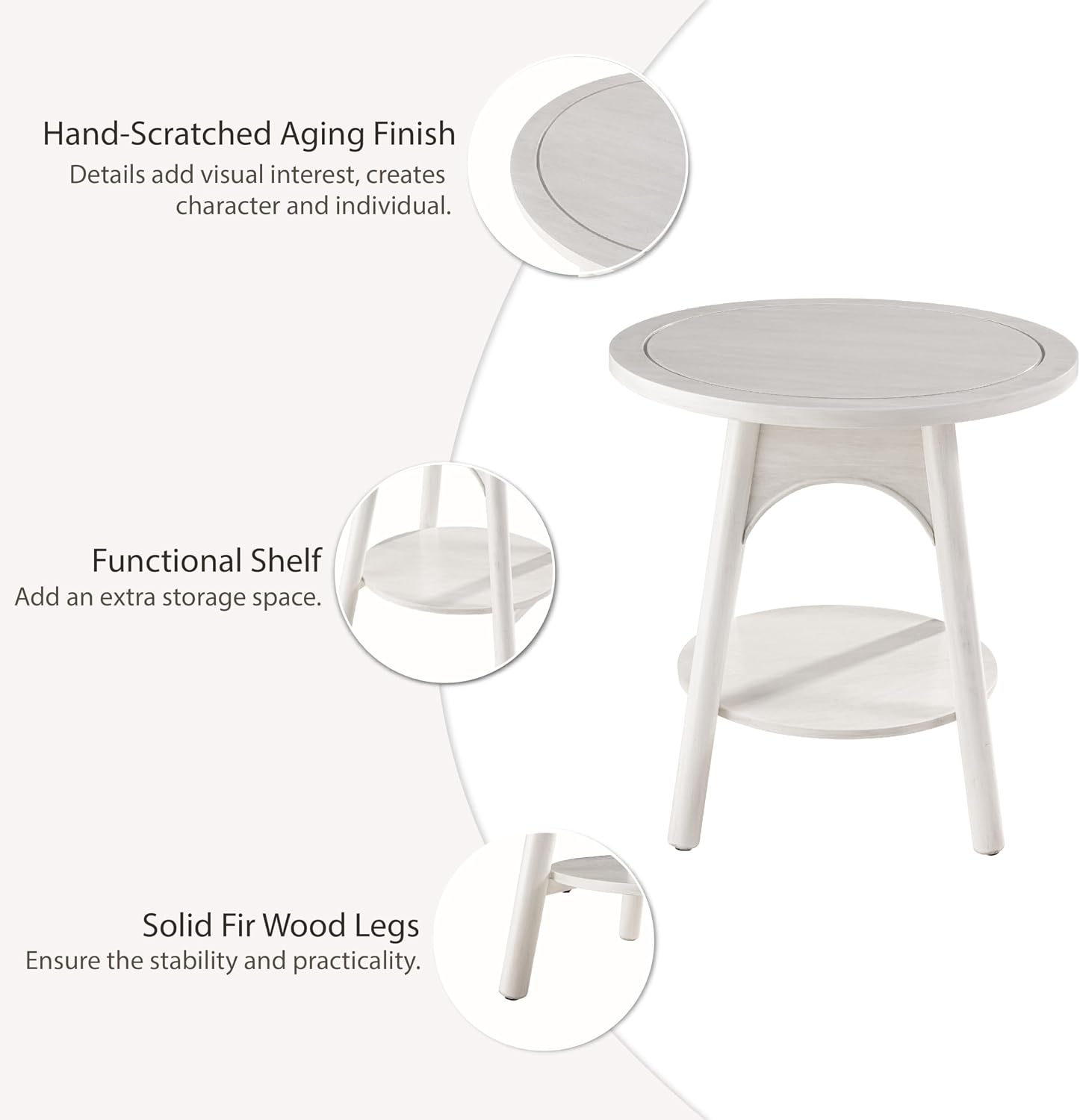 COZAYH Modern White Round End Table with Shelf, Distressed Farmhouse Accent Side Table for Bedroom, Sofa or Office