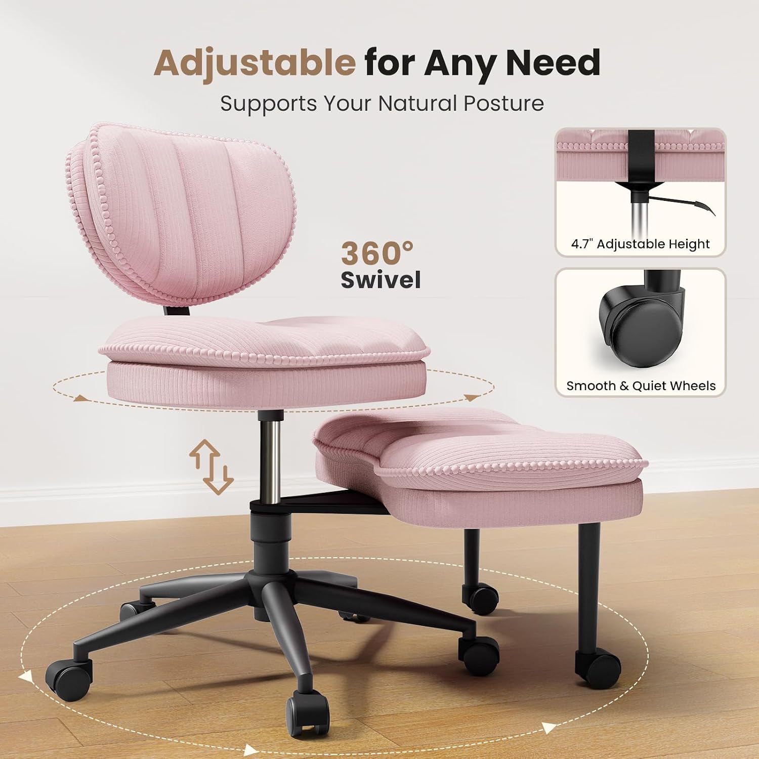 HOMRELEXA Extra-Wide & Tall Cross-Legged Office Chair – Deeply-Padded Cloud Seat, Ergonomic Back Support, Adjustable Height for ADHD & Meditation, Pink