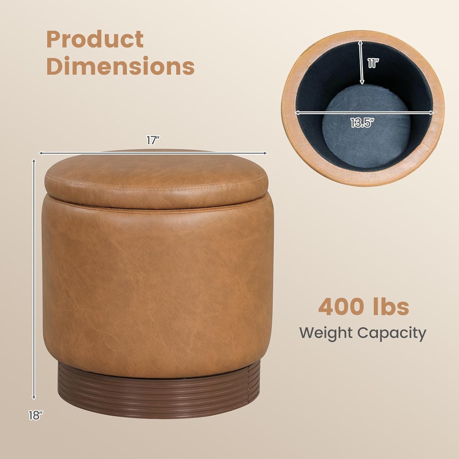 Giantex Round Ottoman with Storage, 360° Swivel Faux Leather Vanity Stool with Removable Lid & Acacia Wood Frame, Ottoman Foot Rest for Living Room, Bedroom, Makeup Room