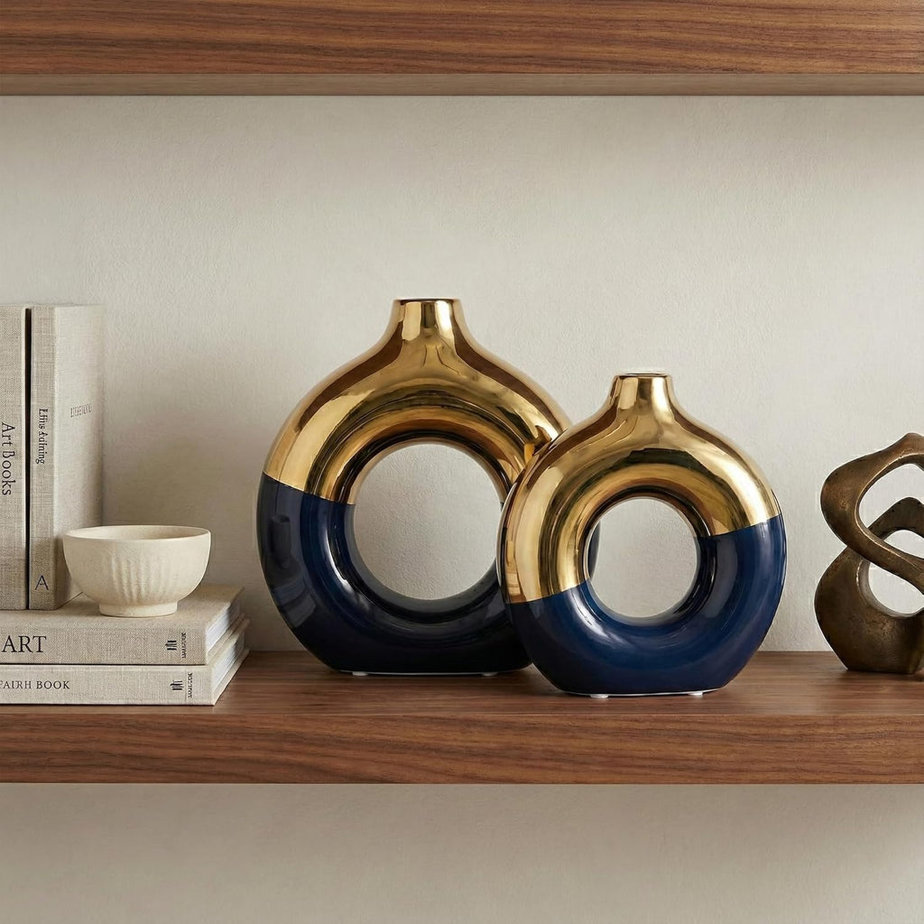 Blue and Gold Vase Decor Donut Vase Set of 2 - Circle Hollow Vases, Modern Matte Ceramic Vases for Entryway Living Room Bedroom Dining Table Centerpiece Office Home Decor