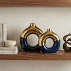 Blue and Gold Vase Decor Donut Vase Set of 2 - Circle Hollow Vases, Modern Matte Ceramic Vases for Entryway Living Room Bedroom Dining Table Centerpiece Office Home Decor