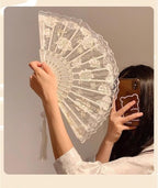 Lace Rose Folding Fan, Vintage Style Hand Fan with Gold Ribs, Lightweight Foldable Dance Fan for Decoration and Photos