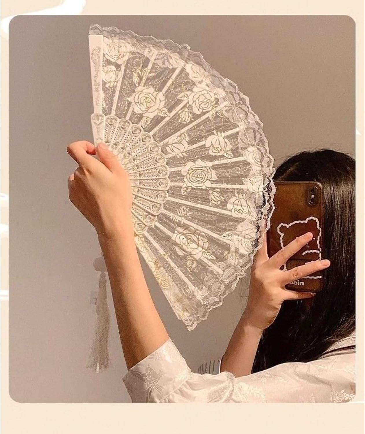 Lace Rose Folding Fan, Vintage Style Hand Fan with Gold Ribs, Lightweight Foldable Dance Fan for Decoration and Photos
