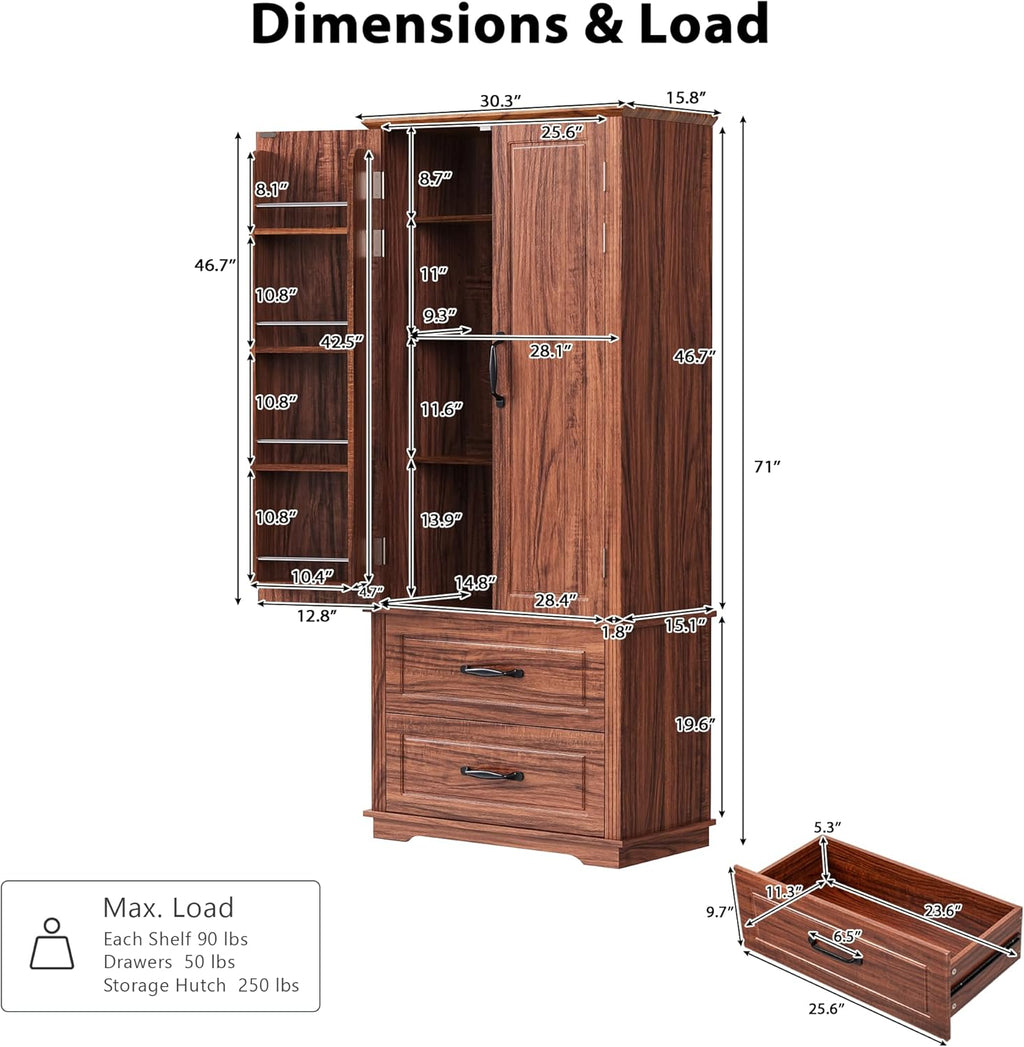 71" Kitchen Pantry with 2 Large Drawers,Embossed Texture Freestanding Cupboard with 8 Door Shelves and 3 Shelves,for Dining Room Living Room (Laundry Brown#i)