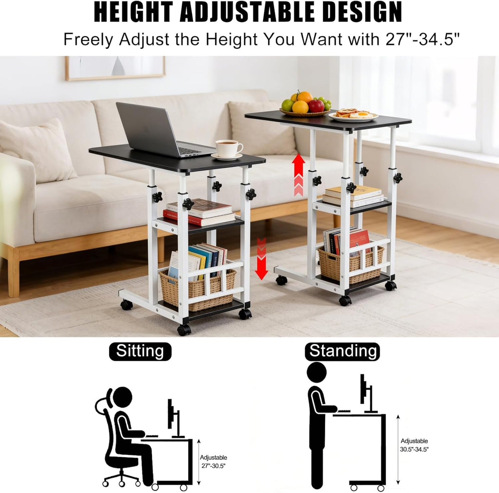 Adjustable C Table,Over Bed Table with Wheels,Rolling Side Table, Over Bed Table with Wheels, Bedside Table, for Sofa Side Small Space, Stable Multi Storage Desk, Black