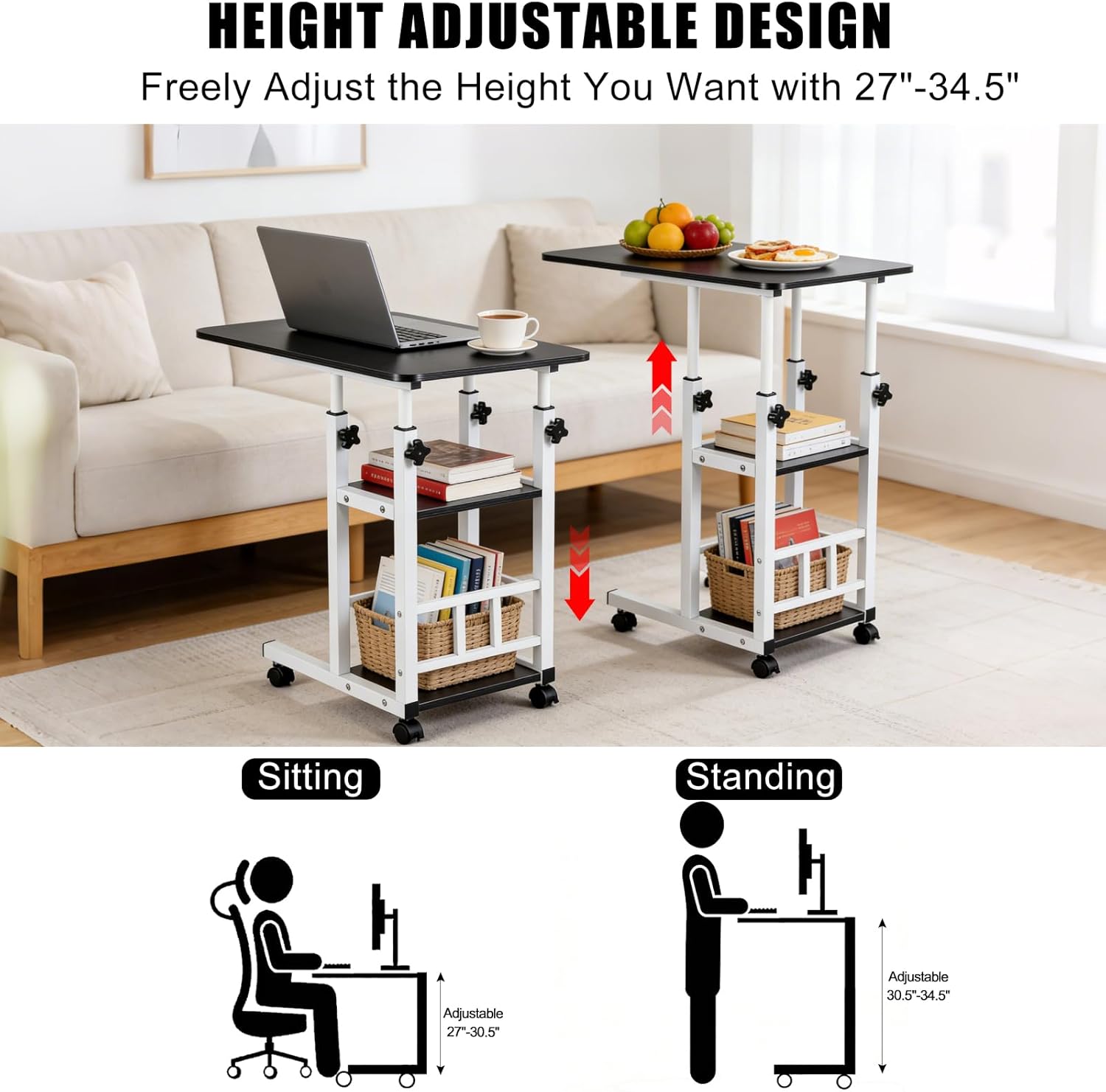 Adjustable C Table,Over Bed Table with Wheels,Rolling Side Table, Over Bed Table with Wheels, Bedside Table, for Sofa Side Small Space, Stable Multi Storage Desk, Black