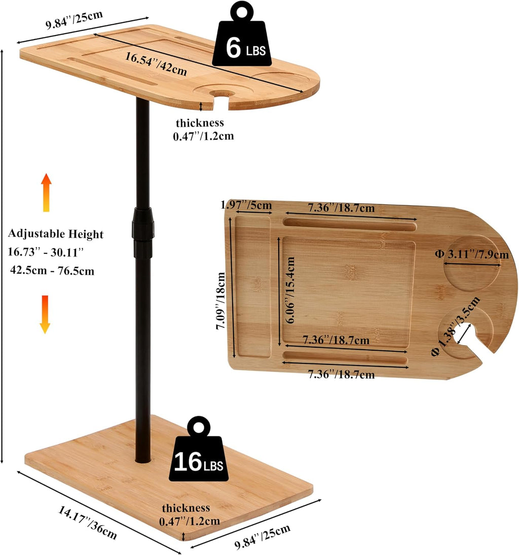 Bamboo Height Adjustable Side Table, 360° Rotating Sofa Couch Tray, C-Shaped End Table with Wine Glass Holder and Tablet Slot, 16.73"-30.11