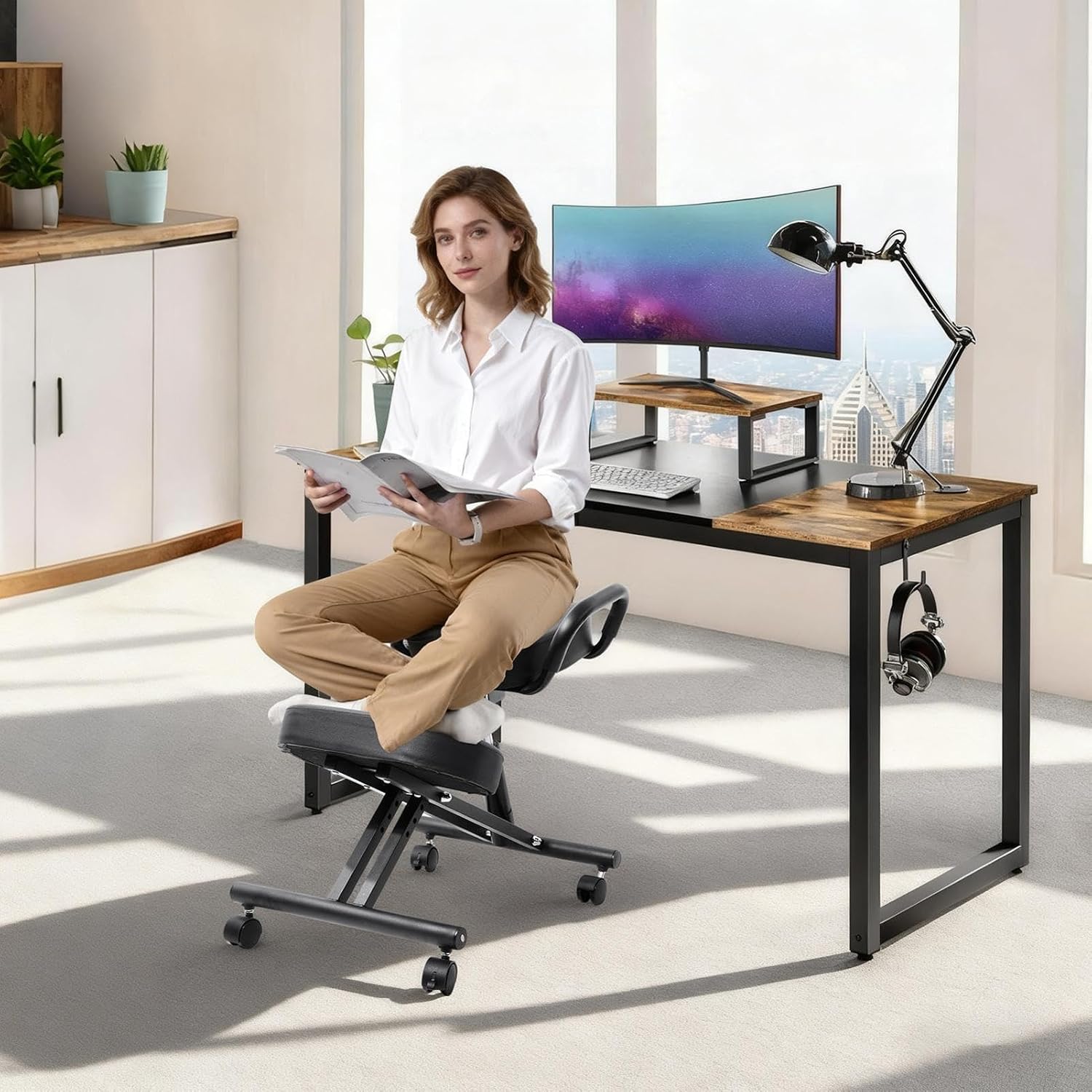 Ergonomic Kneeling Chair, Kneeling Chair with Locking Wheels, Adjustable Height Support Chairs, PU Computer Kneel Chairs for Living Room