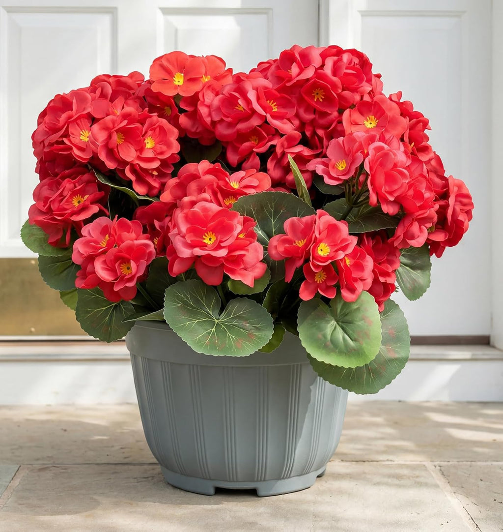 Artificial Geranium Fake Flowers for Outdoors Decoration, 4 Bundles Silk Geraniums Red Flower UV Resistant Look Real Faux Plants for Front Door Garden Porch Planter Patio Balcony Yard Indoor Home