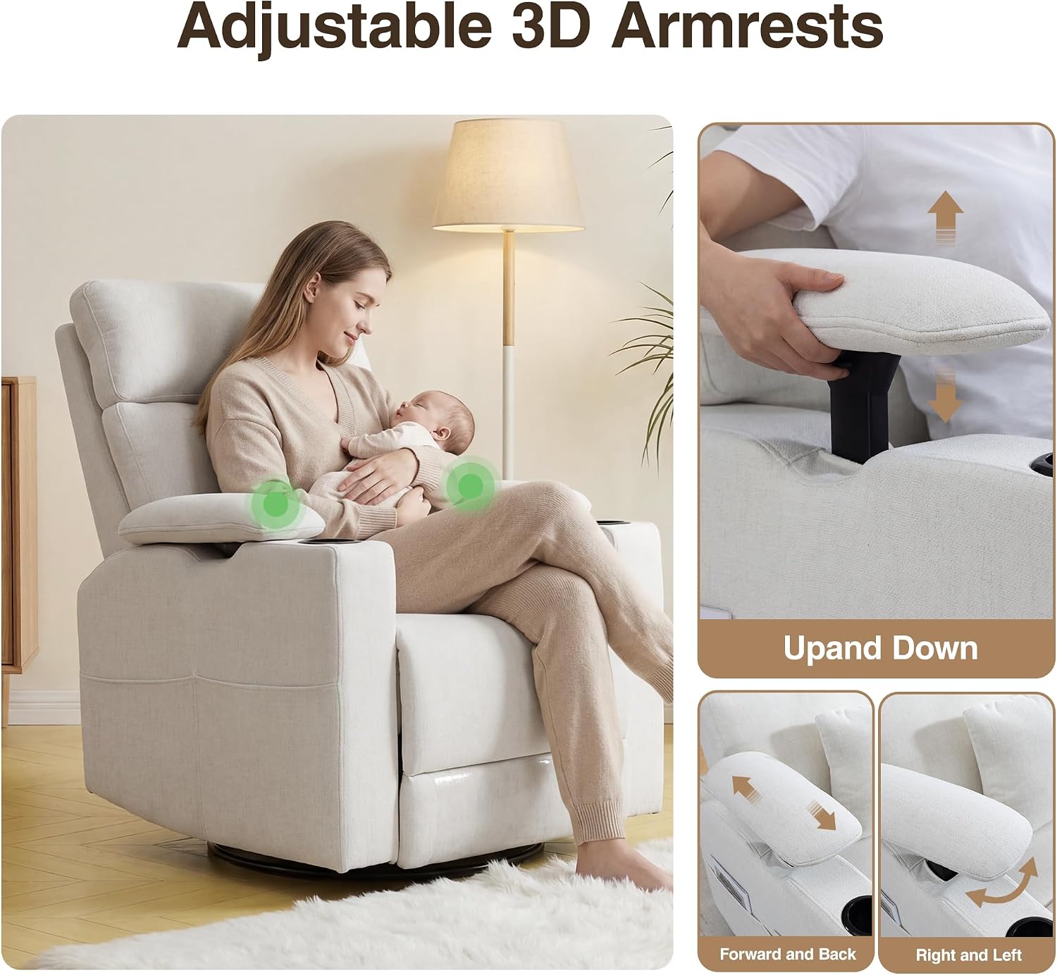 FiveWillowise 360° Rocker Recliner Chair with Adjustable Armrest&Headrest | Oversized Manual Nursery Glider with Cup Holder,Swivel Rocking Chairs for Breastfeeding,Living Room,Bedroom,Beige