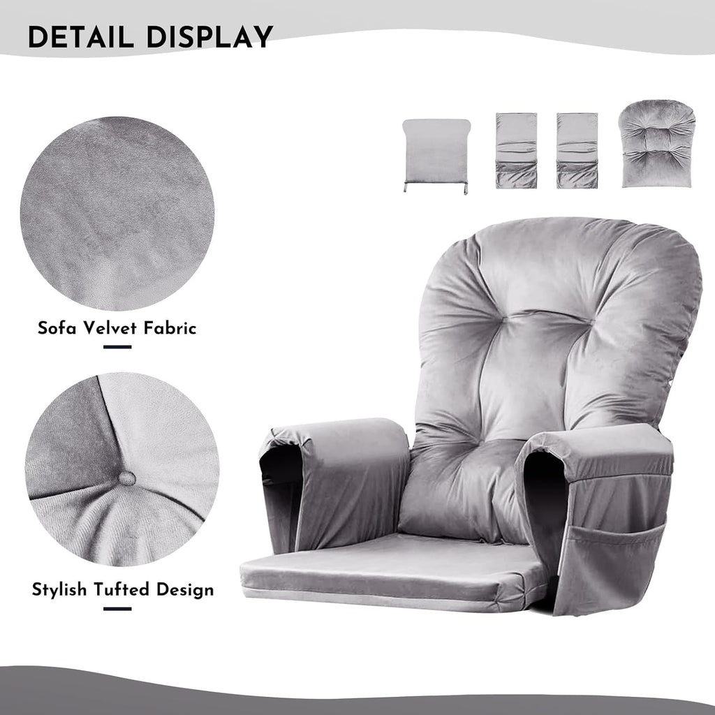 5PCS Glider Rocker Replacement Cushions Set with Ottoman Cushion | Glider Rocking Chair Pads with Side Storage Pockets, Velvet Fabric, Washable & Non Slip, for Indoor Nursery, Grey