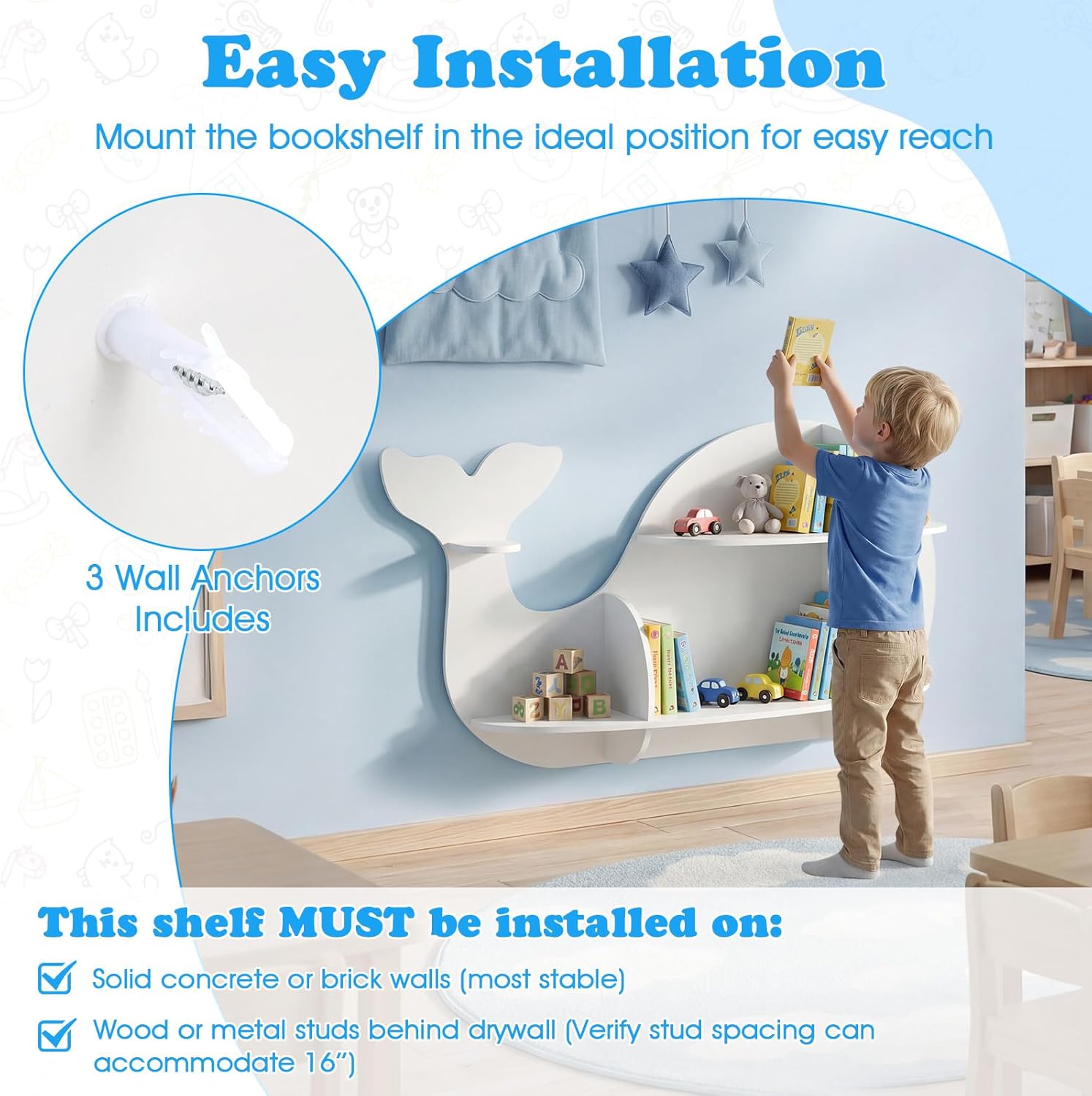 GLACER Wall Mounted Kids Bookshelf, Whale-Shaped Floating Bookshelf with 6 Open Shelves & 2 Tier Floating Wall Shelf, Wooden Nursery Bookshelf for Kid’s Room Bedroom Living Room Reading Corner