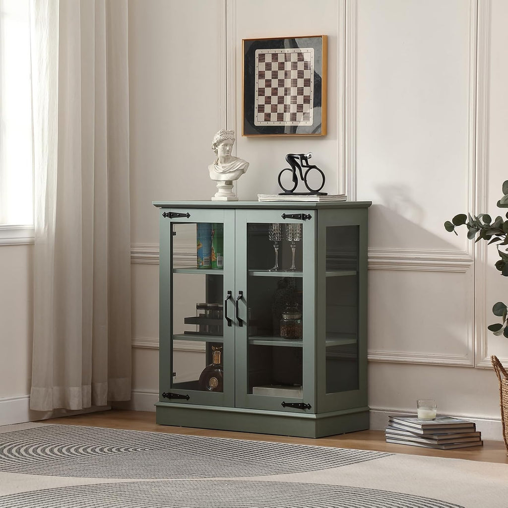 FOREST GRAVITY 31.5'' Small Display Buffet Cabinet with Glass Doors for Great Showcase,Small Coffee bar Cabinet with one Adjustable Shelf and one Fixed Shelf,Modern Sideboard Buffet for Kitchen,Green