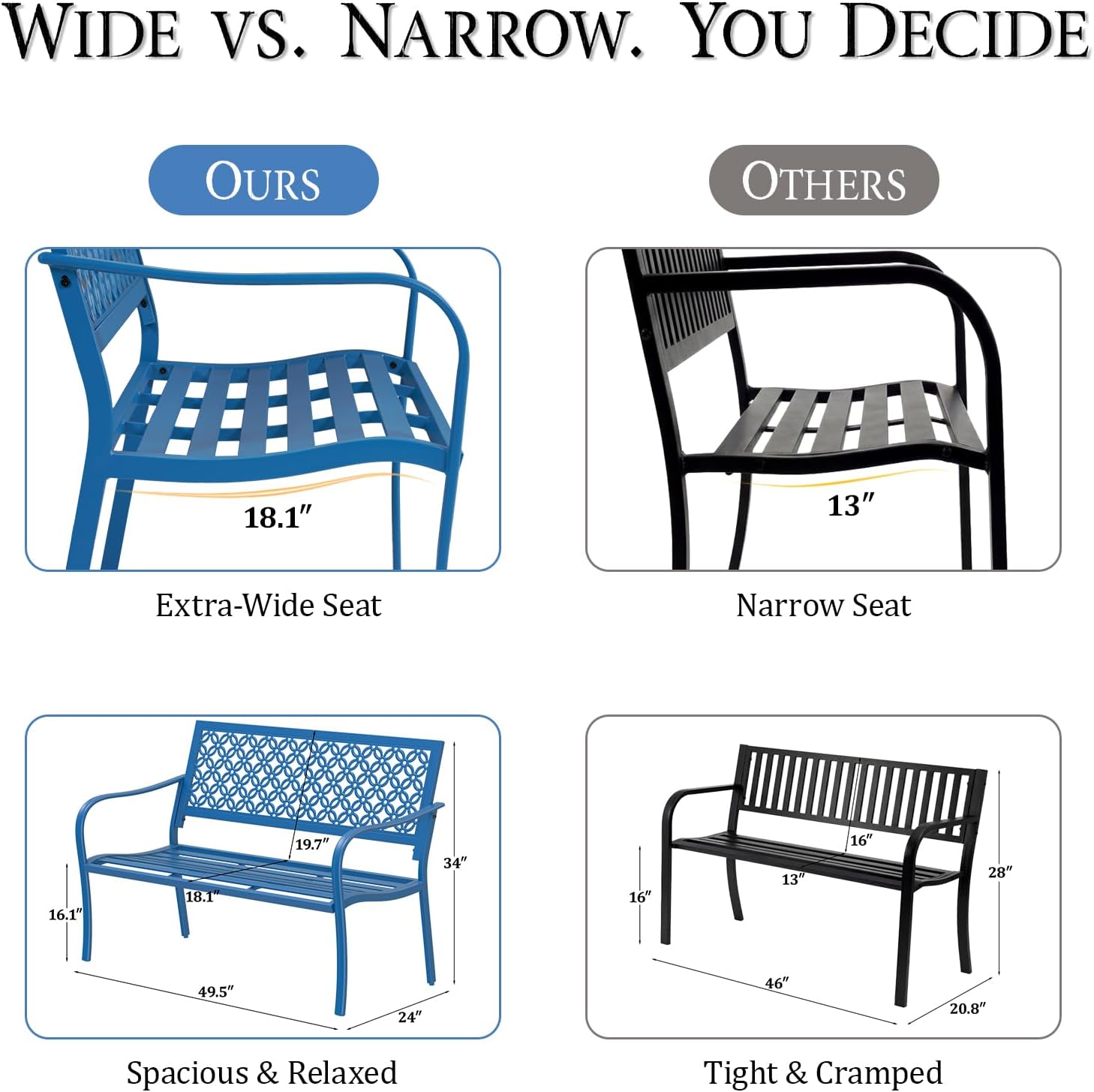 ONBRILL 50" Outdoor Bench Weatherproof, 700 lbs Capacity Heavy Duty Garden Benches with Galvanized Metal Frame, Patio Bench with Floral Backrest, Patio Furniture for Porch, Park, Yard, Entryway, Blue