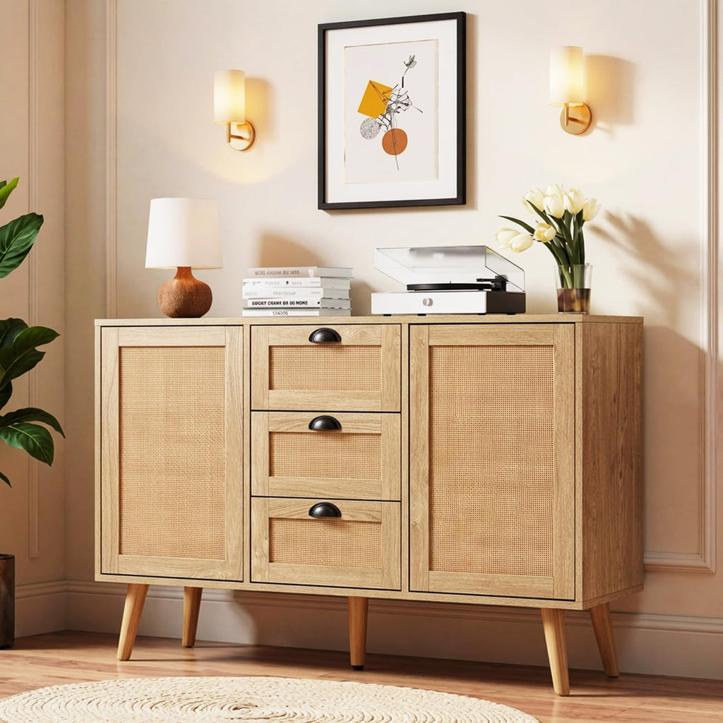 GREEN PARTY 47.2" Rattan Sideboard Buffet Cabinet, Coffee Bar Cabinet with Storage, 3 Drawers and 2 Doors, Boho Kitchen Storage Cabinet for Dining Room, Living Room, Entryway