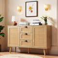 GREEN PARTY 47.2" Rattan Sideboard Buffet Cabinet, Coffee Bar Cabinet with Storage, 3 Drawers and 2 Doors, Boho Kitchen Storage Cabinet for Dining Room, Living Room, Entryway