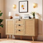 GREEN PARTY 47.2" Rattan Sideboard Buffet Cabinet, Coffee Bar Cabinet with Storage, 3 Drawers and 2 Doors, Boho Kitchen Storage Cabinet for Dining Room, Living Room, Entryway