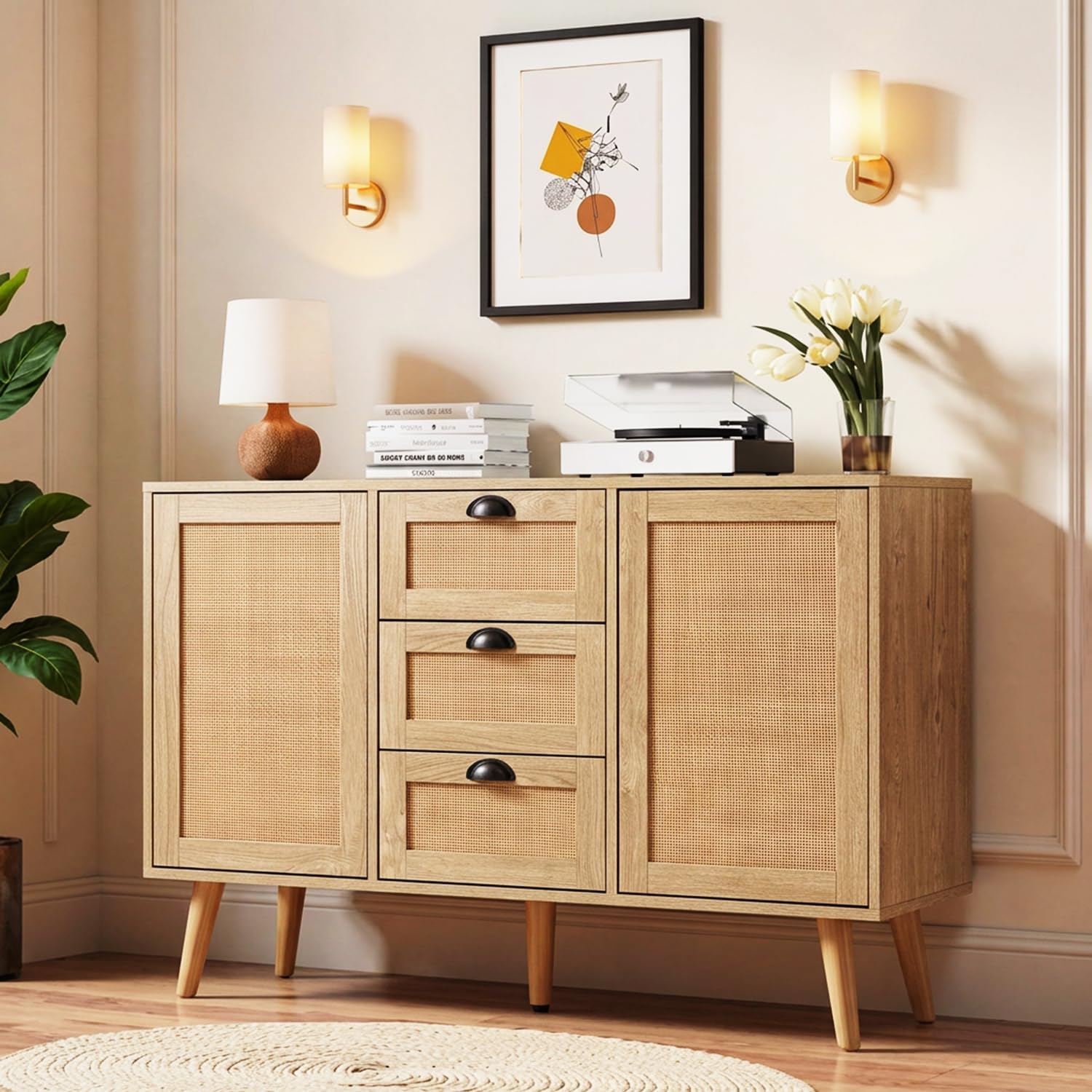 GREEN PARTY 47.2" Rattan Sideboard Buffet Cabinet, Coffee Bar Cabinet with Storage, 3 Drawers and 2 Doors, Boho Kitchen Storage Cabinet for Dining Room, Living Room, Entryway