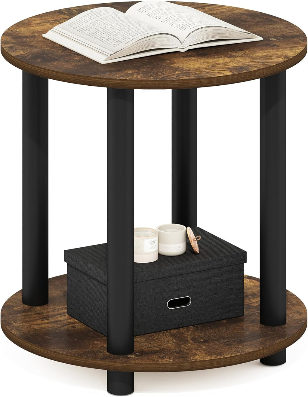 Furinno Turn-N-Tube Toolless Assembly Side Table, 2-Tier Rustic Brown Round End Table with Open Shelf, Night Stand, Bedside Table, for Living Room, Bedroom, Amber Oak