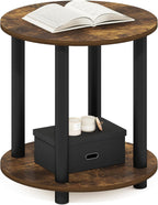 Furinno Turn-N-Tube Toolless Assembly Side Table, 2-Tier Rustic Brown Round End Table with Open Shelf, Night Stand, Bedside Table, for Living Room, Bedroom, Amber Oak