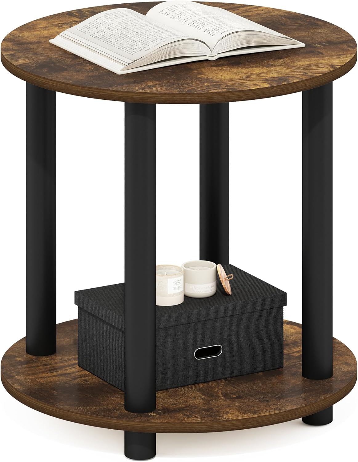 Furinno Turn-N-Tube Toolless Assembly Side Table, 2-Tier Rustic Brown Round End Table with Open Shelf, Night Stand, Bedside Table, for Living Room, Bedroom, Amber Oak