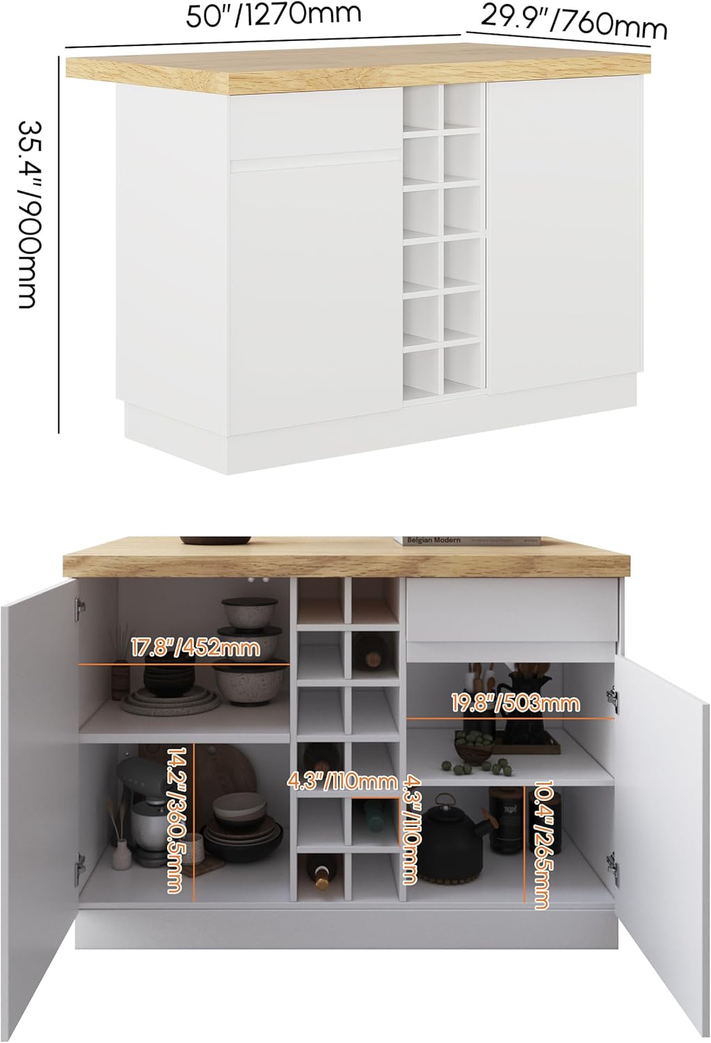 homary Kitchen Island with Storage & LED, 50" White Wood Islands with Wine Rack, Drawers & Shelves, Modern Kitchen Table for Dining Room, Prep & Gatherings, Without Chair