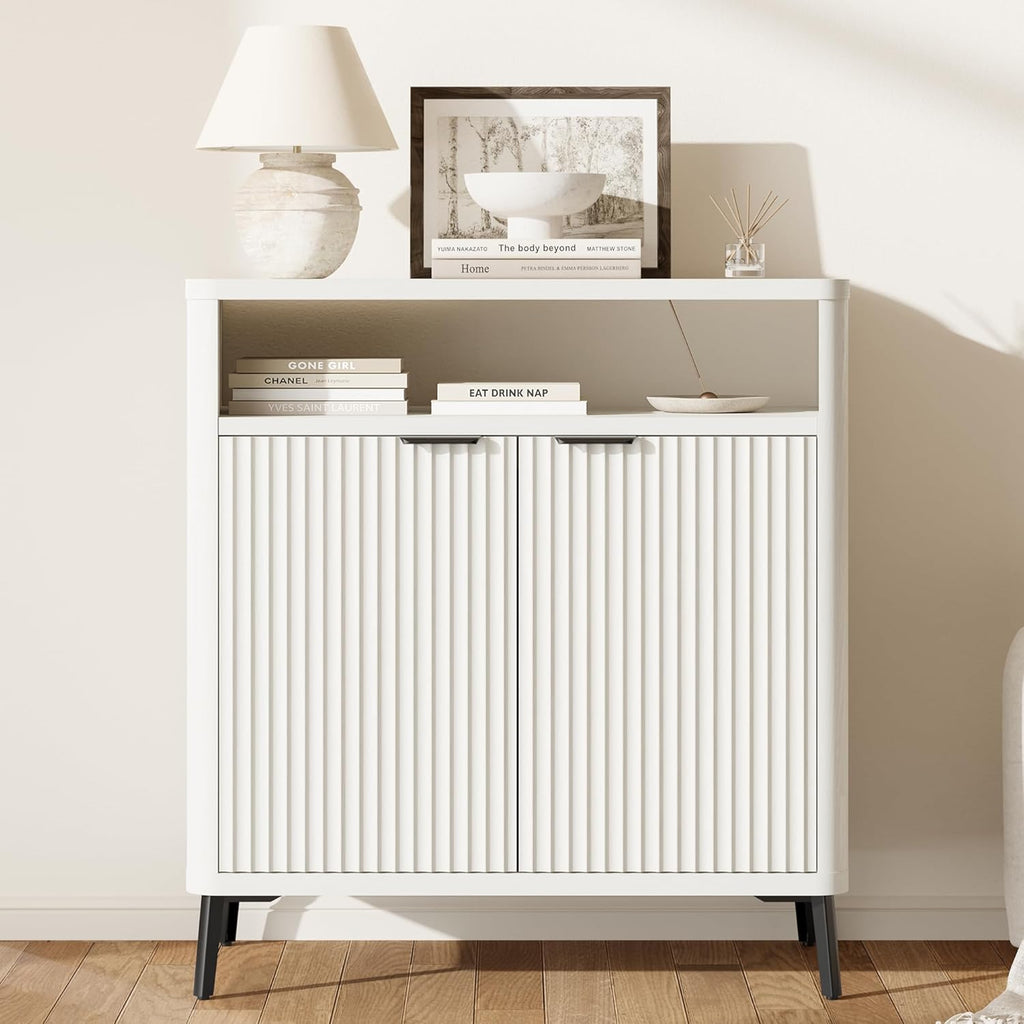 Fatmok 31.4" Fluted Buffet Cabinet with Storage – Modern Wood Sideboard Credenza with 2 Doors & Open Shelf, Coffee Bar Table for Living Room, Kitchen, or Dining Room, White