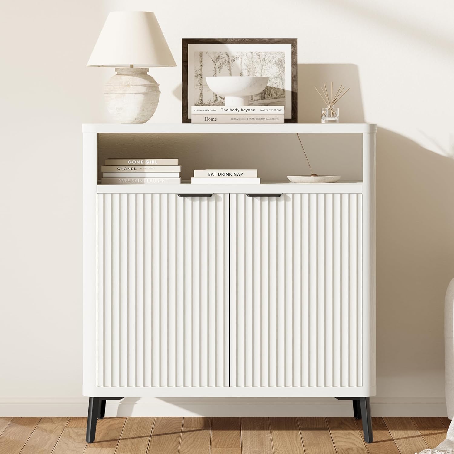 Fatmok 31.4" Fluted Buffet Cabinet with Storage – Modern Wood Sideboard Credenza with 2 Doors & Open Shelf, Coffee Bar Table for Living Room, Kitchen, or Dining Room, White