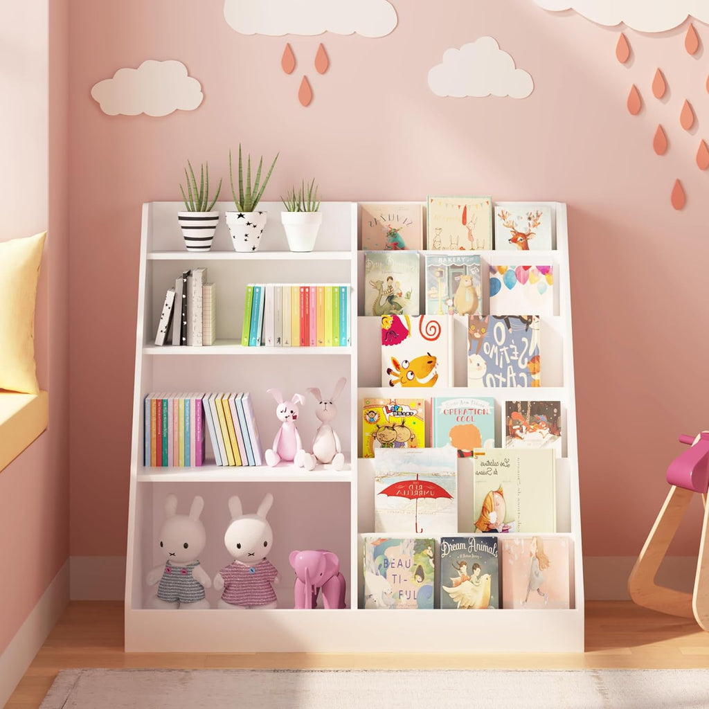 6 Tier Kids Wooden Bookshelf and Toy Storage, Children Toy Organizer with Book Shelves, Easy Assembly, Toddler BookRack Baby Bookcase for Nursery, Playroom and Classroom, White (White)
