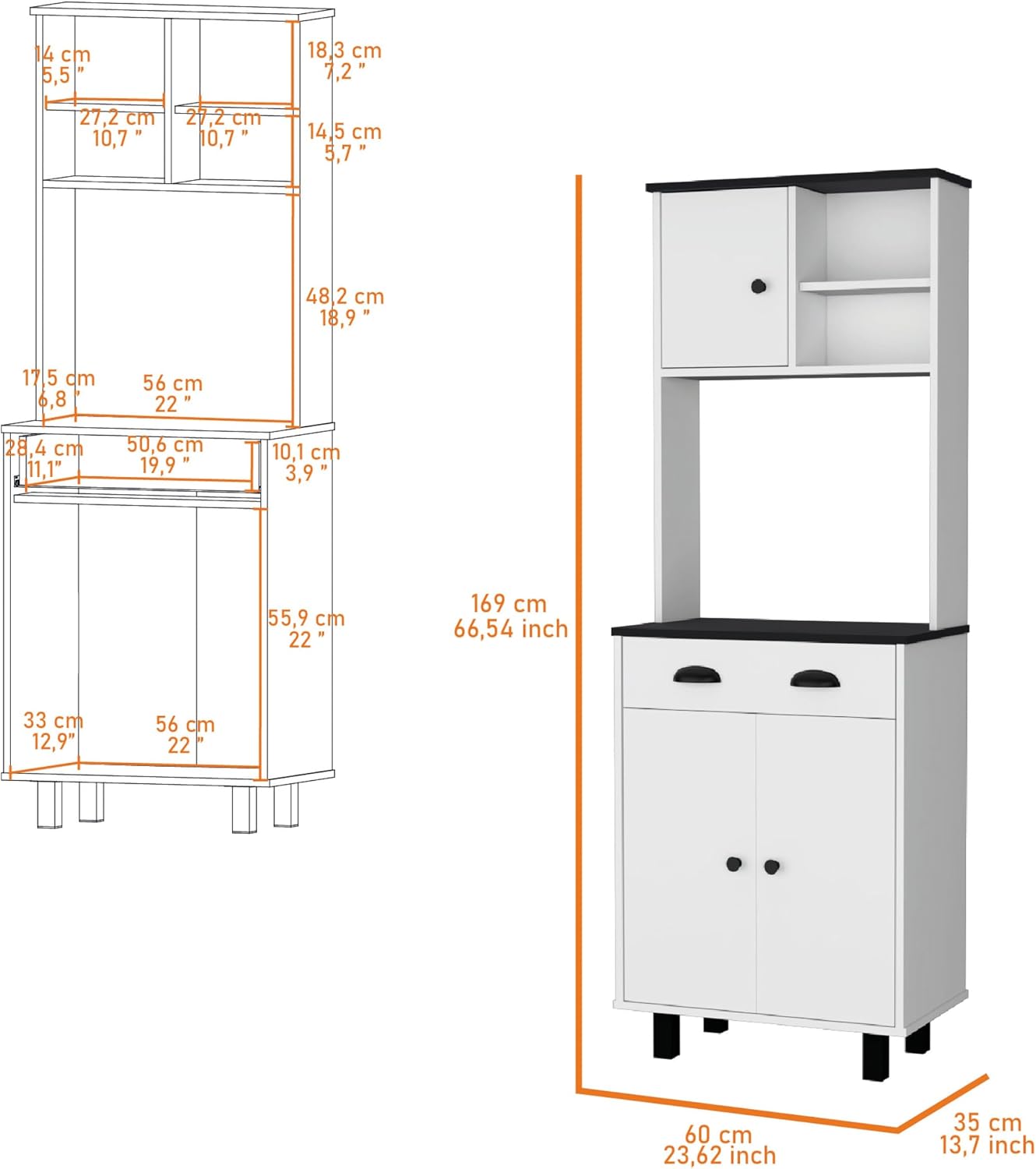 White and Wengue 1-Drawer Kitchen Pantry,Buffet Kitchen Sideboard,for Kitchen,Dining Room,13.7 * 23.6 * 66.5