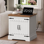 MAHANCRIS Farmhouse End Table with Charging Station, 23.6" Large Sofa Side Table, Wooded Square Nightstand with Barn Door, Adjustable Shelf, Bedside Table for Living Room, Bedroom, White and Walnut