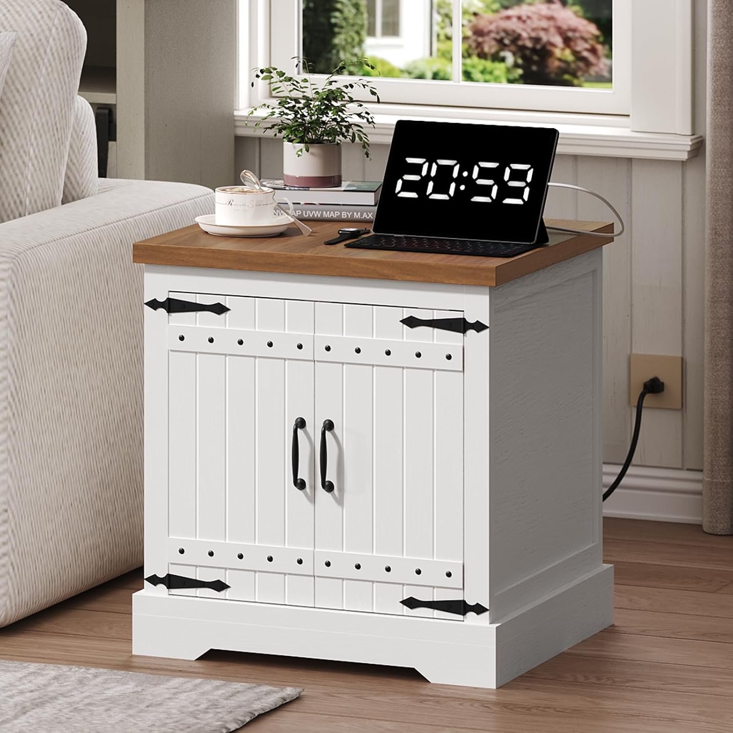 MAHANCRIS Farmhouse End Table with Charging Station, 23.6" Large Sofa Side Table, Wooded Square Nightstand with Barn Door, Adjustable Shelf, Bedside Table for Living Room, Bedroom, White and Walnut